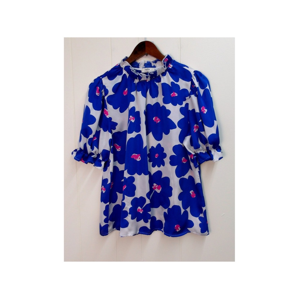 Floral Print Top Blue‎ Pink White Flower Pattern Blouse Office Casual M /#8079